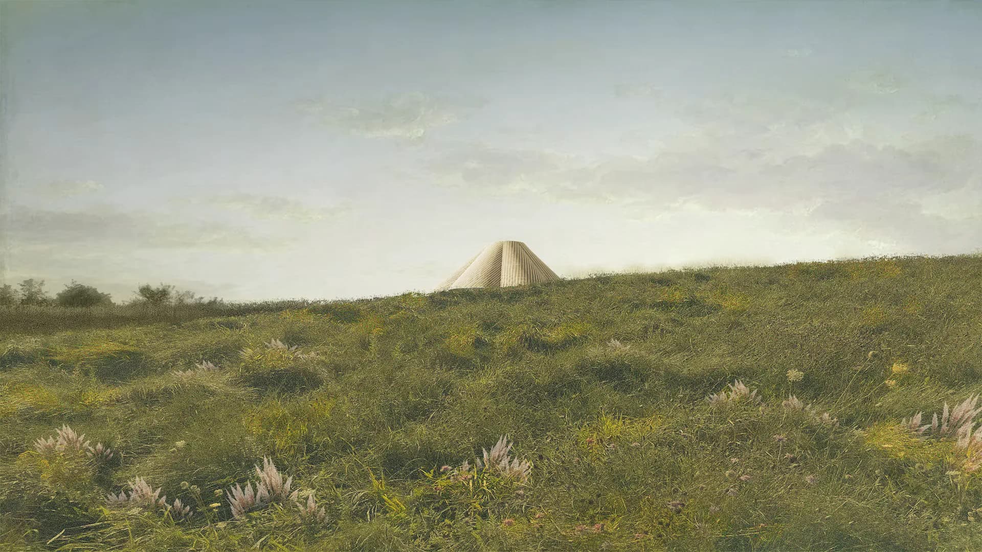 A tent-like structure rises from a sprawling desert landscape dotted with vegetation, rendered in muted earth tones by Jing Liu.