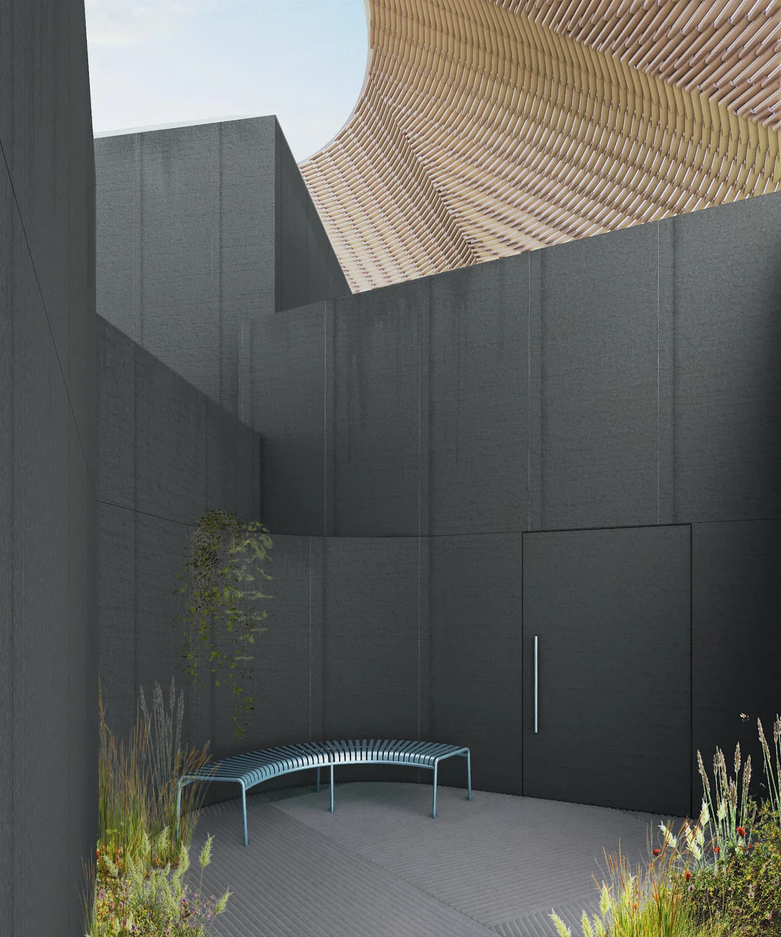 Minimalist courtyard with dark concrete walls, wooden ceiling detail, metal bench, and sparse plantings, by Jing Liu.
