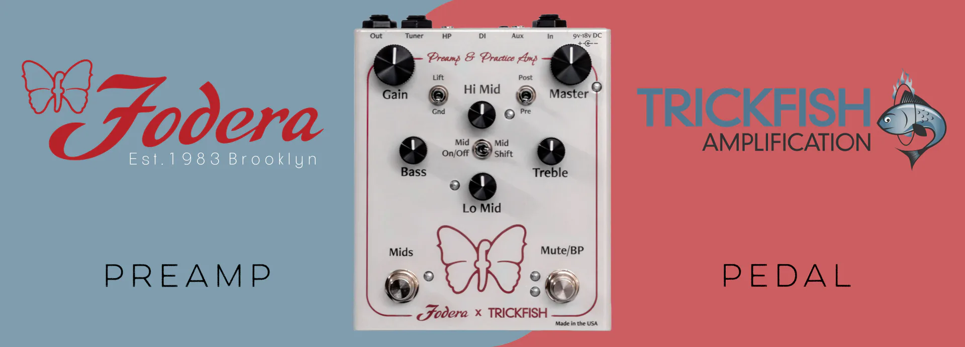 Fodera preamp and Trickeish amplification pedal product designs featuring butterfly logos and control interfaces by Joey Lauricella.