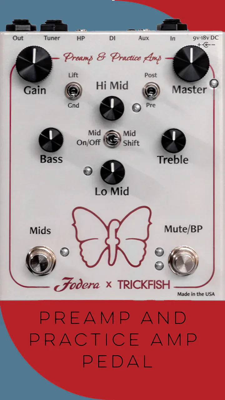 Preamp and Practice Amp Pedal by Fooera x Trickfish, featuring gain, EQ controls, and switching options in a compact white enclosure by Joey Lauricella.
