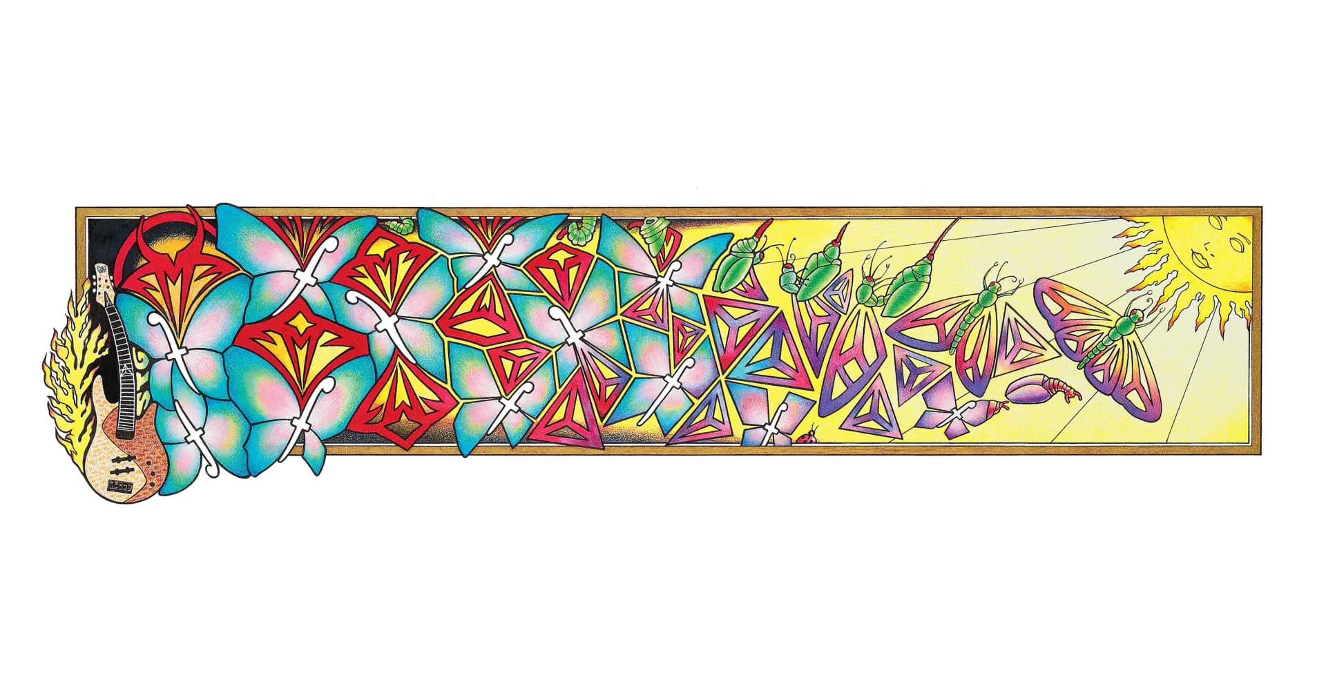 Colorful decorative border design featuring stylized flowers in red, orange, yellow, and teal with ornamental patterns by Joey Lauricella.