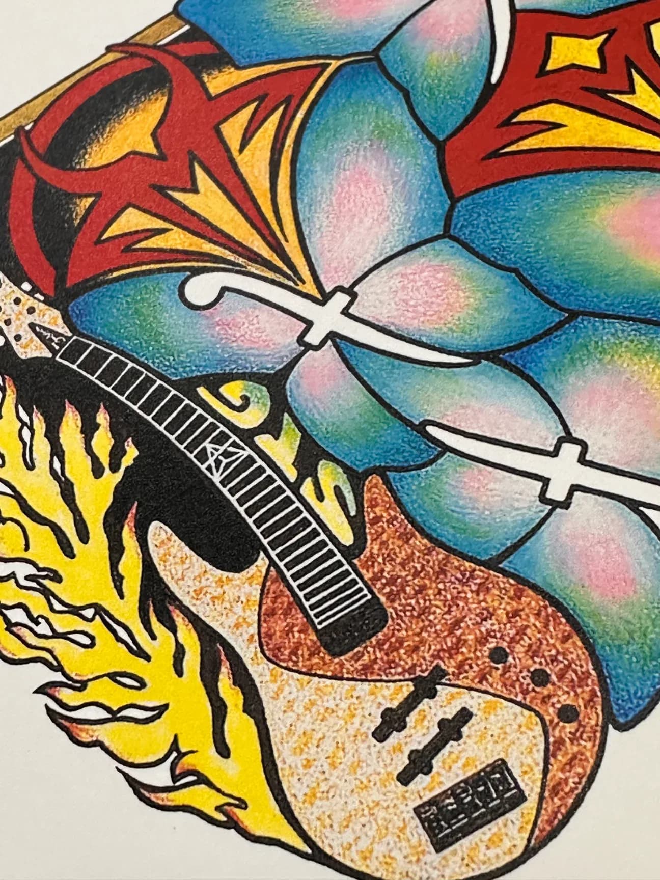 Colorful hand-drawn illustration featuring an acoustic guitar with flame and star motifs, surrounded by stylized blue flowers with gradient shading, created by Joey Lauricella.