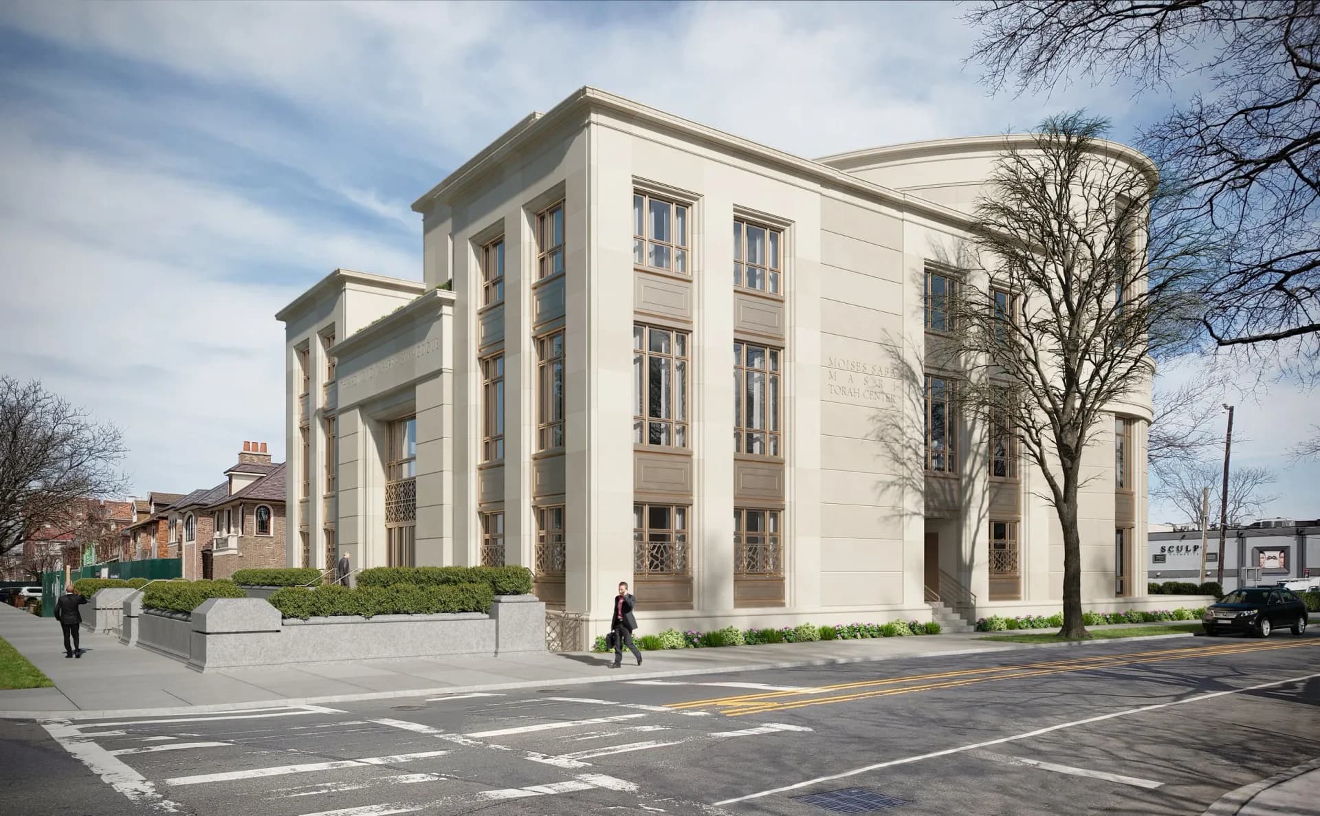 Cream-colored neoclassical institutional building with symmetrical facade, tall windows, and columned entrance, rendered with synthetic trees and figures by John Field.