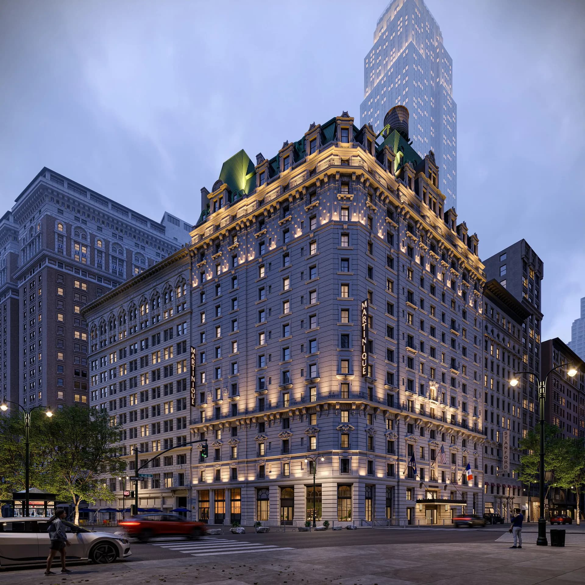 Illuminated Beaux-Arts corner building with ornate mansard roof and golden facade lighting at dusk, surrounded by modern skyscrapers in an urban plaza by John Field.