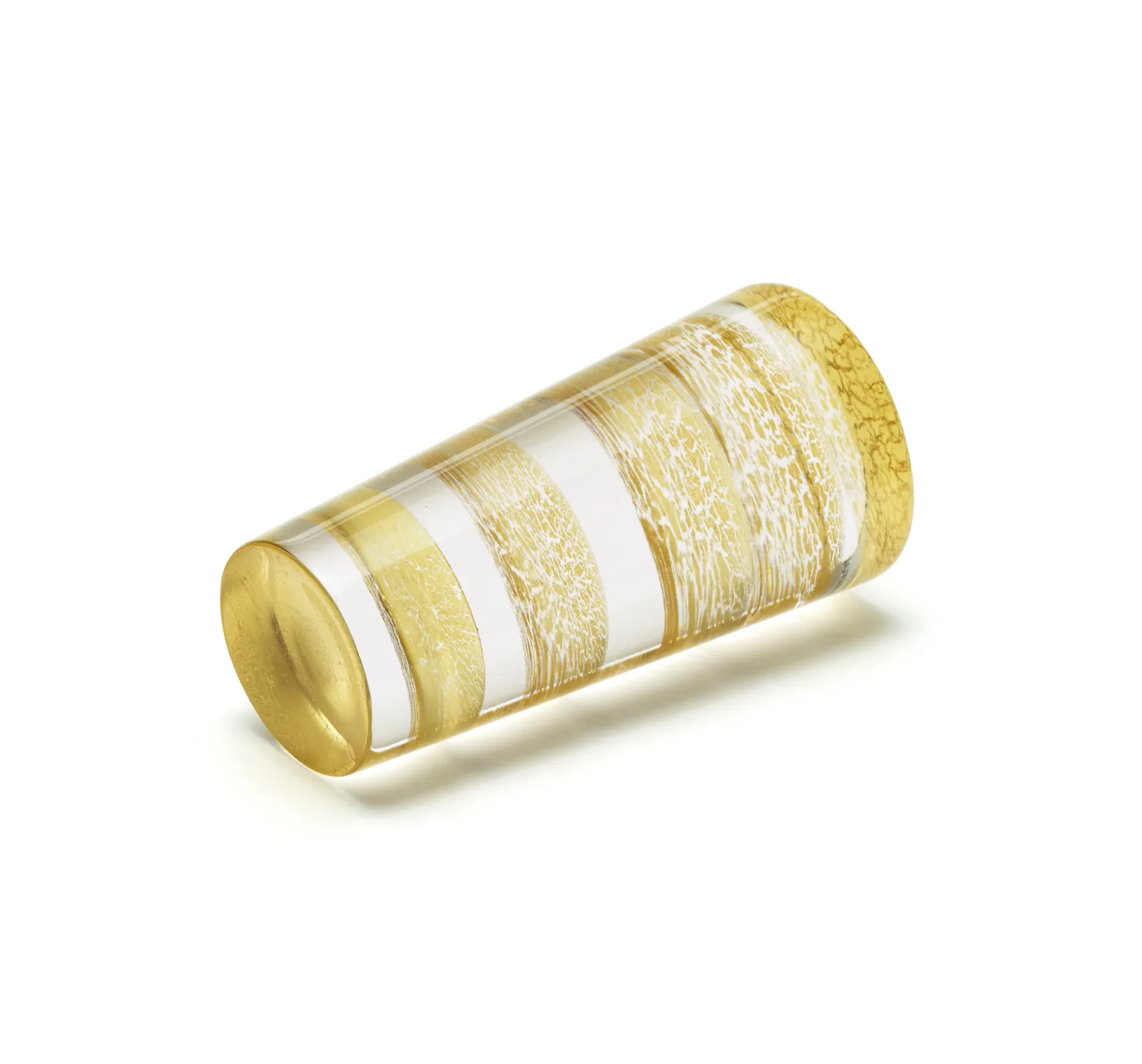 Gold-toned cylindrical bracelet with alternating brushed and textured bands separated by white enamel stripes, designed by John Hogan.
