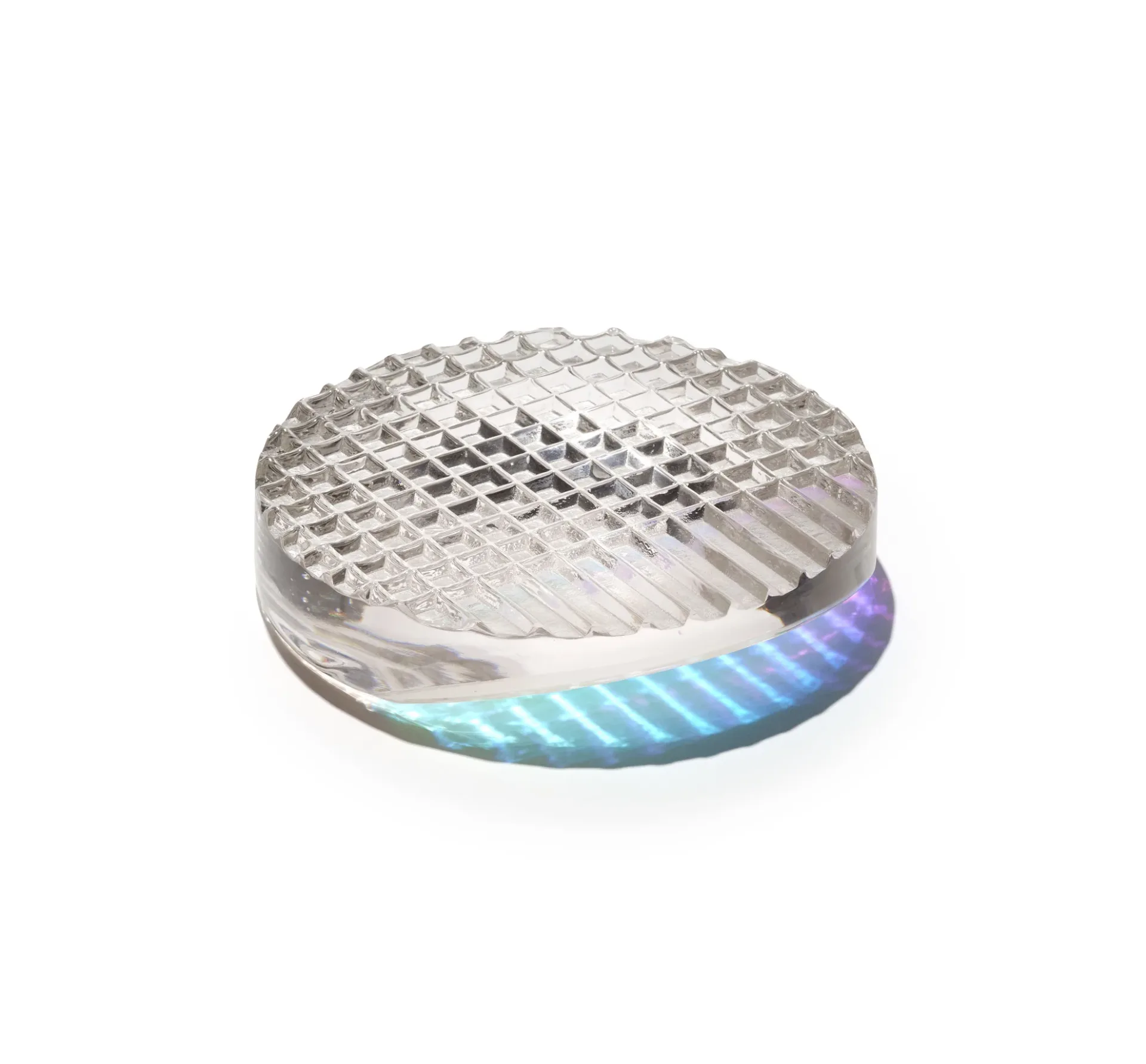 Translucent resin bowl with textured surface and gradient blue-to-purple edge detail, showcasing modern material design by John Hogan.