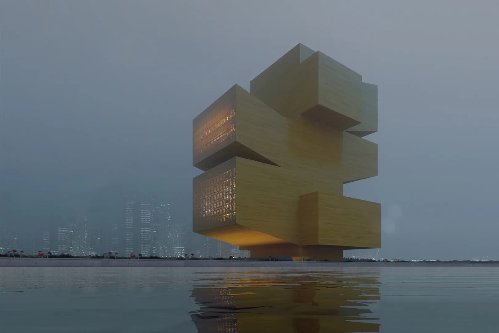 Stacked geometric concrete volumes with warm interior lighting reflected in still water, architectural concept by Joshua Ramus.