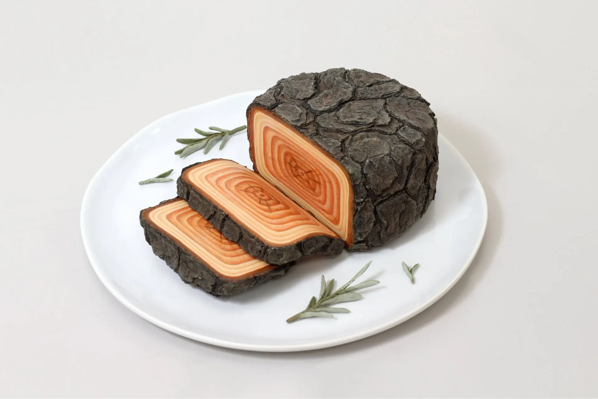 Stylized product design of sliced salmon on a ceramic plate with rosemary garnish, featuring impossible perfect wood-grain rings and synthetic material rendering by Joyce Lin.