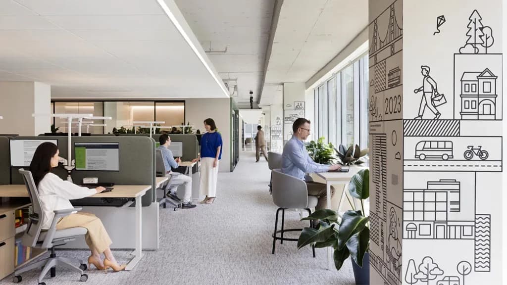 Modern office interior with open floor plan, white ceilings, natural light, and architectural line drawings on the right wall illustrating urban scenes by Ju Hyun Lee.