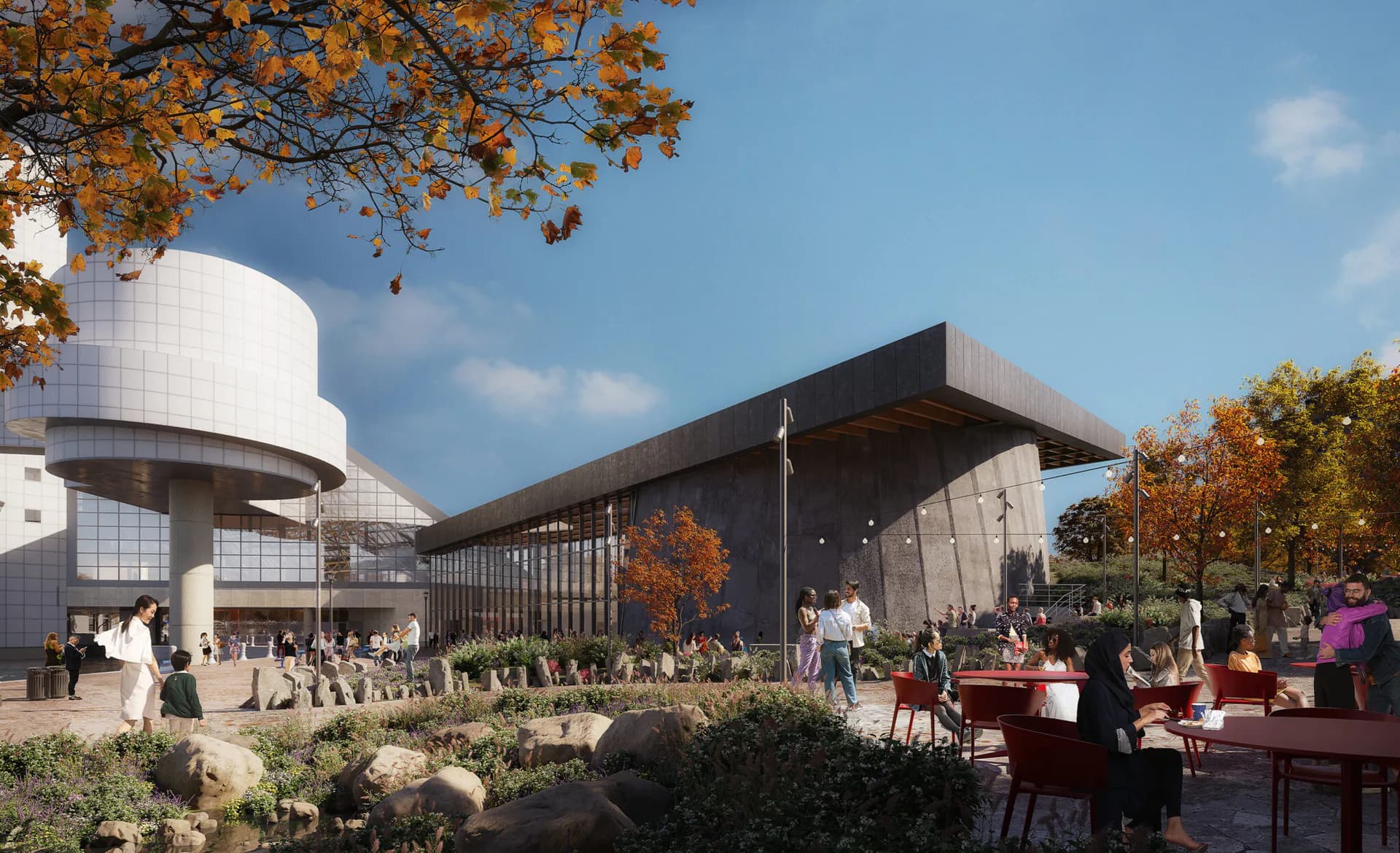 Architectural rendering of a modern cultural building with curved white volume and dark rectangular structure, surrounded by autumn foliage and outdoor seating areas by Julia Lewis.