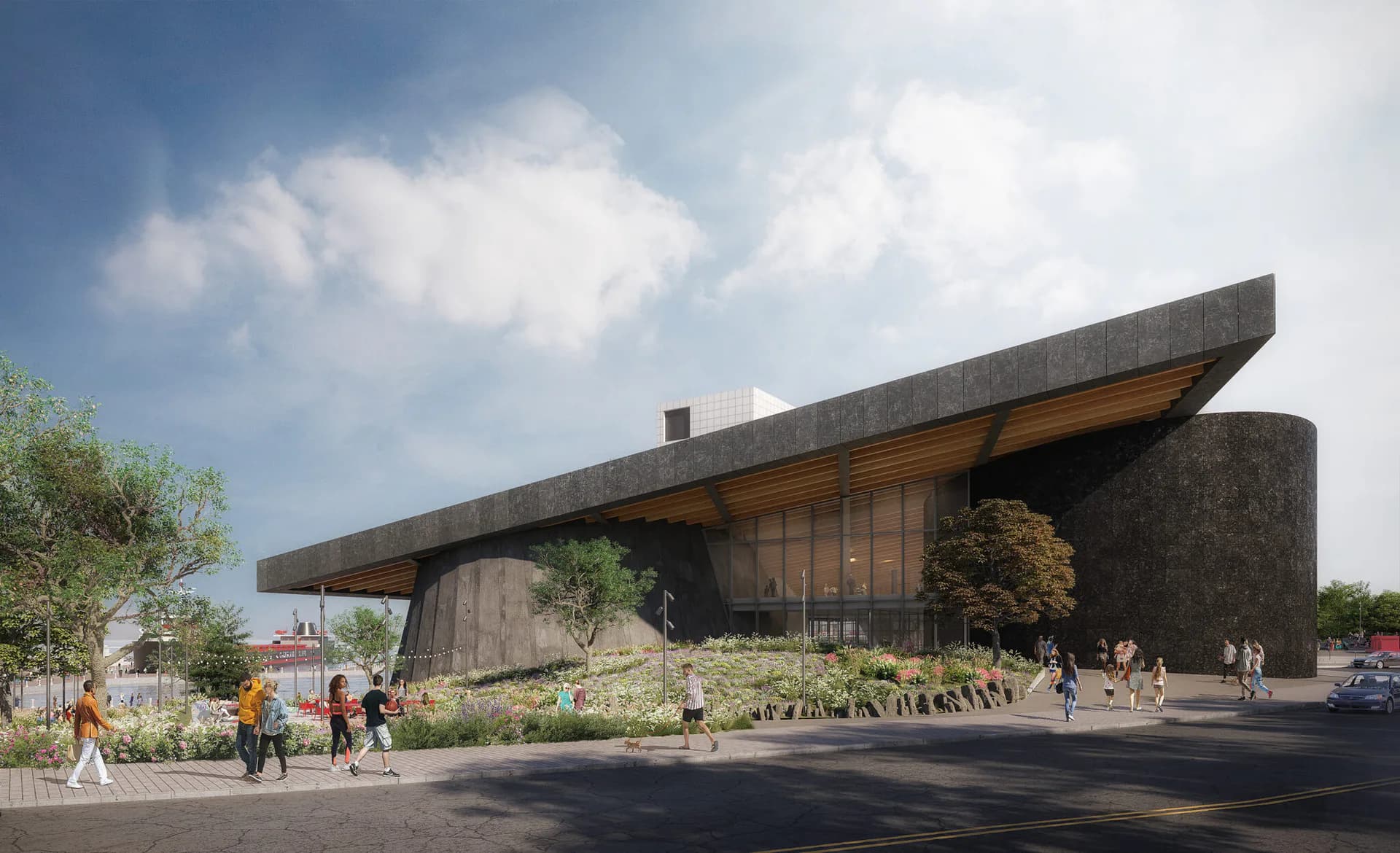 Modern concrete pavilion with dramatic cantilevered roof and warm wood interior, surrounded by landscaping and pedestrians, by Julia Lewis.