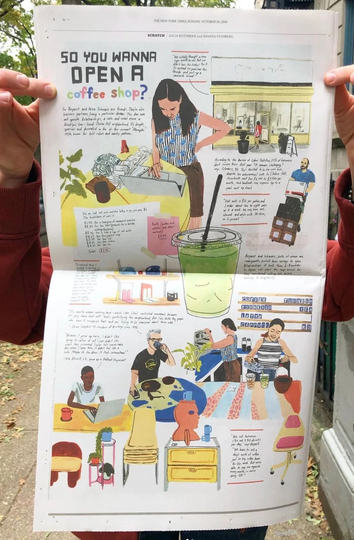 Illustrated infographic about opening a coffee shop with hand-drawn figures, layout diagrams, and handwritten annotations by Julia Rothman.