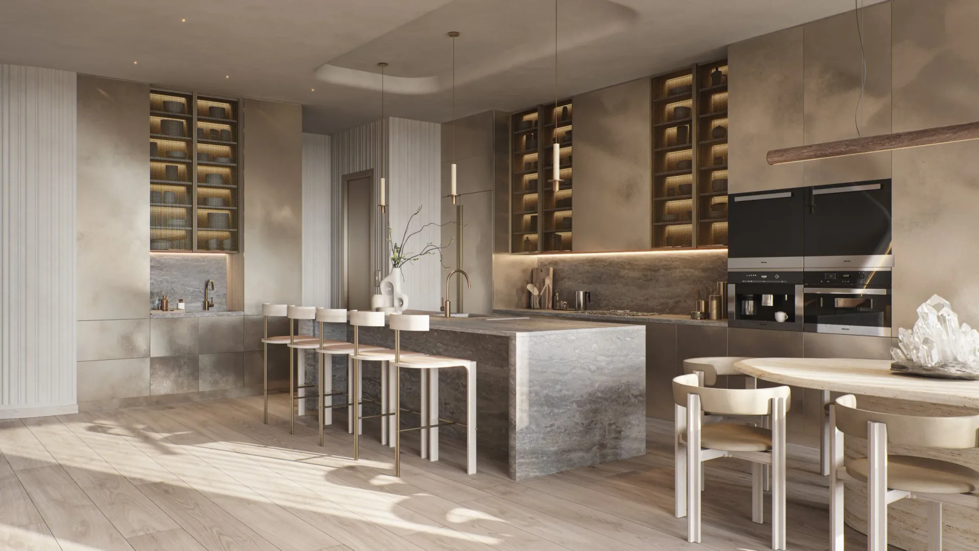 Luxury kitchen and dining space with warm neutral palette, featuring brass-accented cabinetry, marble island, wood flooring, and integrated bar seating by Julien Albertini.