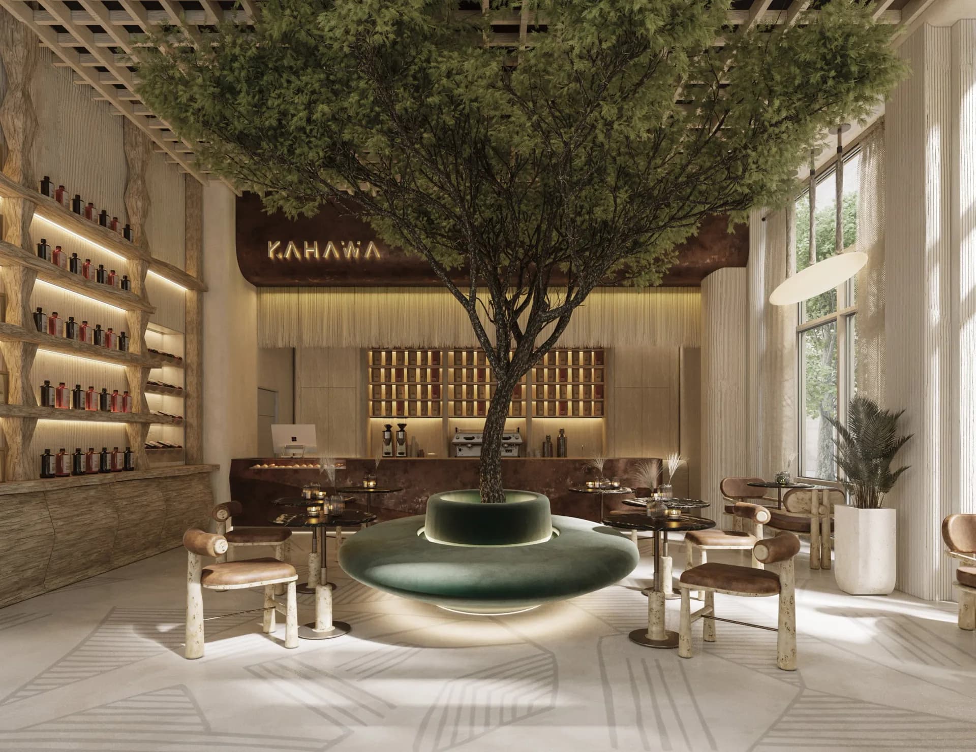 A luxurious spa interior with a large tree centerpiece, circular water feature, warm wood tones, shelving with products, and natural light by Julien Albertini.