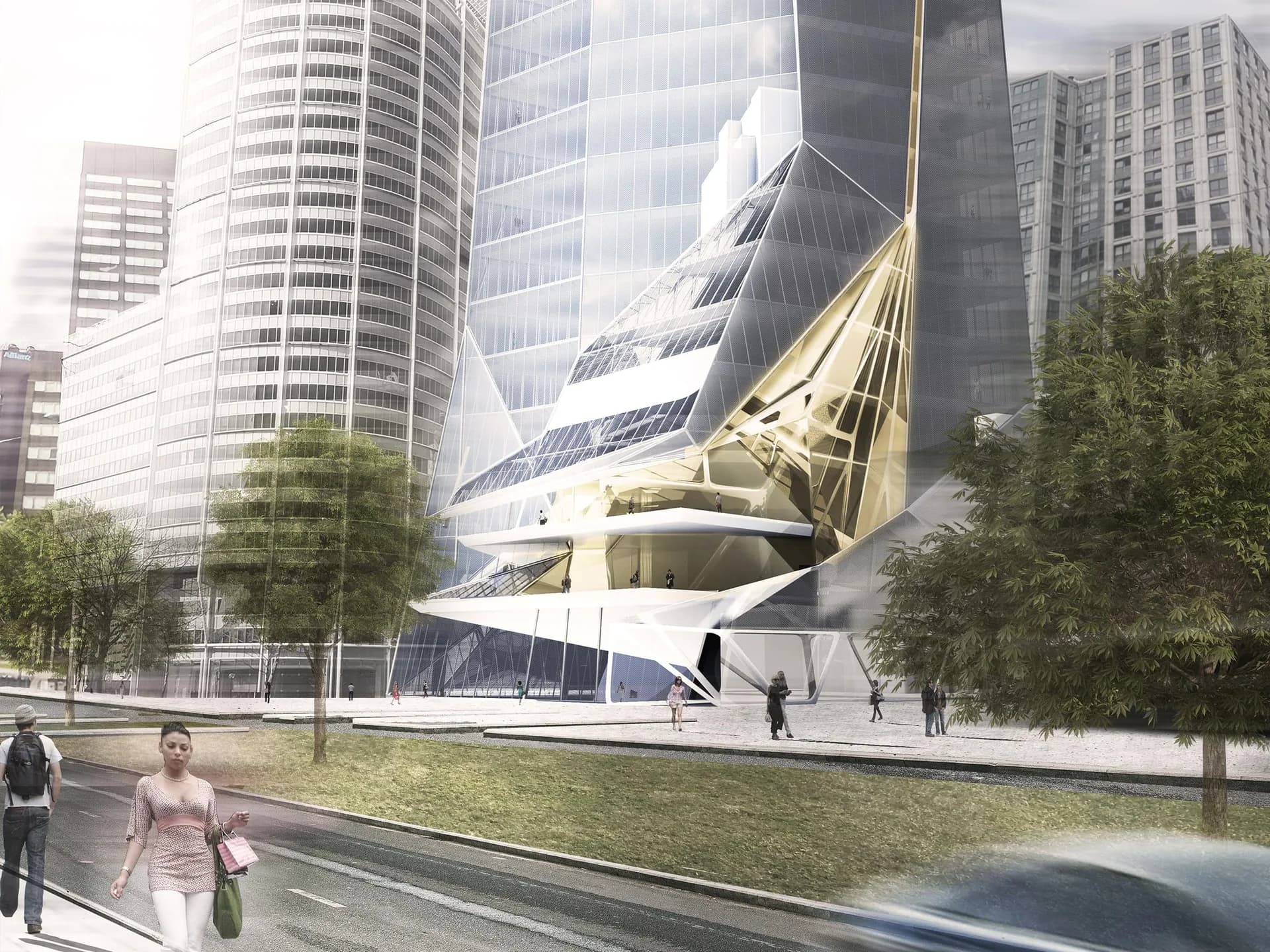 Futuristic architectural rendering of a sail-shaped white building with angular forms surrounded by modern glass towers, landscaped plaza with trees and pedestrians, by Justin Korhammer.