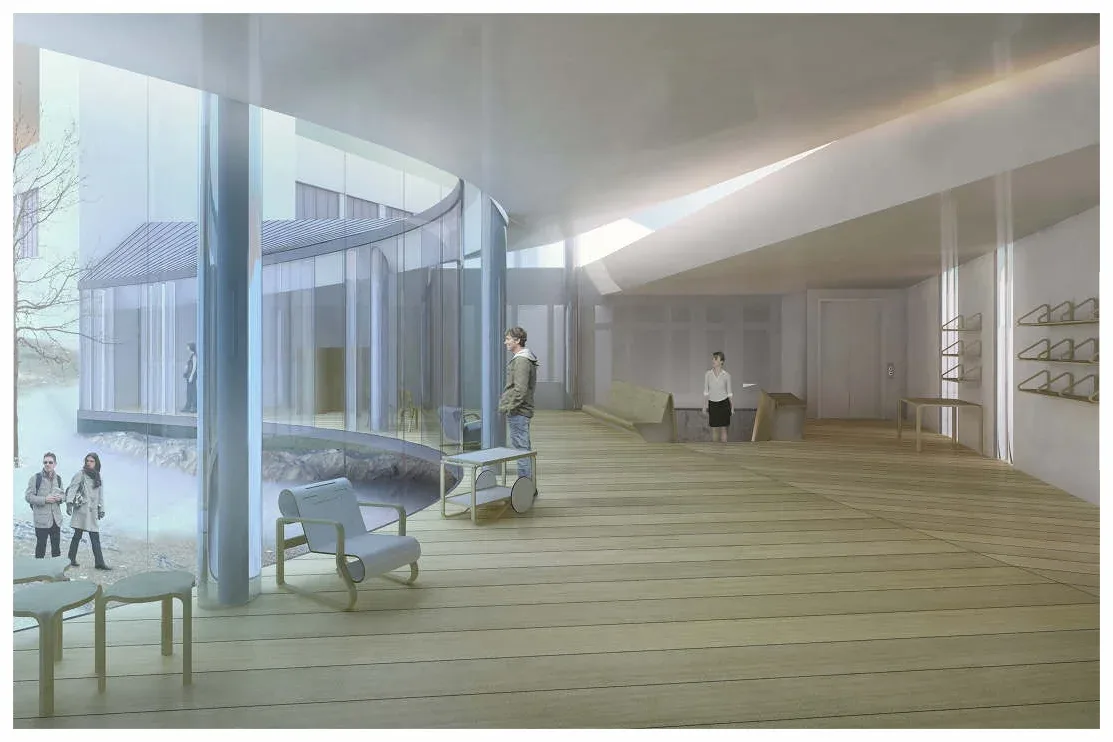 Light-filled open interior with wooden flooring, large glass partition, and figures scattered throughout, showing a bright, minimalist spatial design by Kamilla Csegzi.