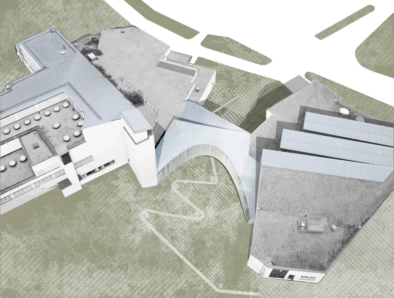 Aerial architectural site plan rendering showing a contemporary building complex with curved forms and surrounding landscape integration by Kamilla Csegzi.