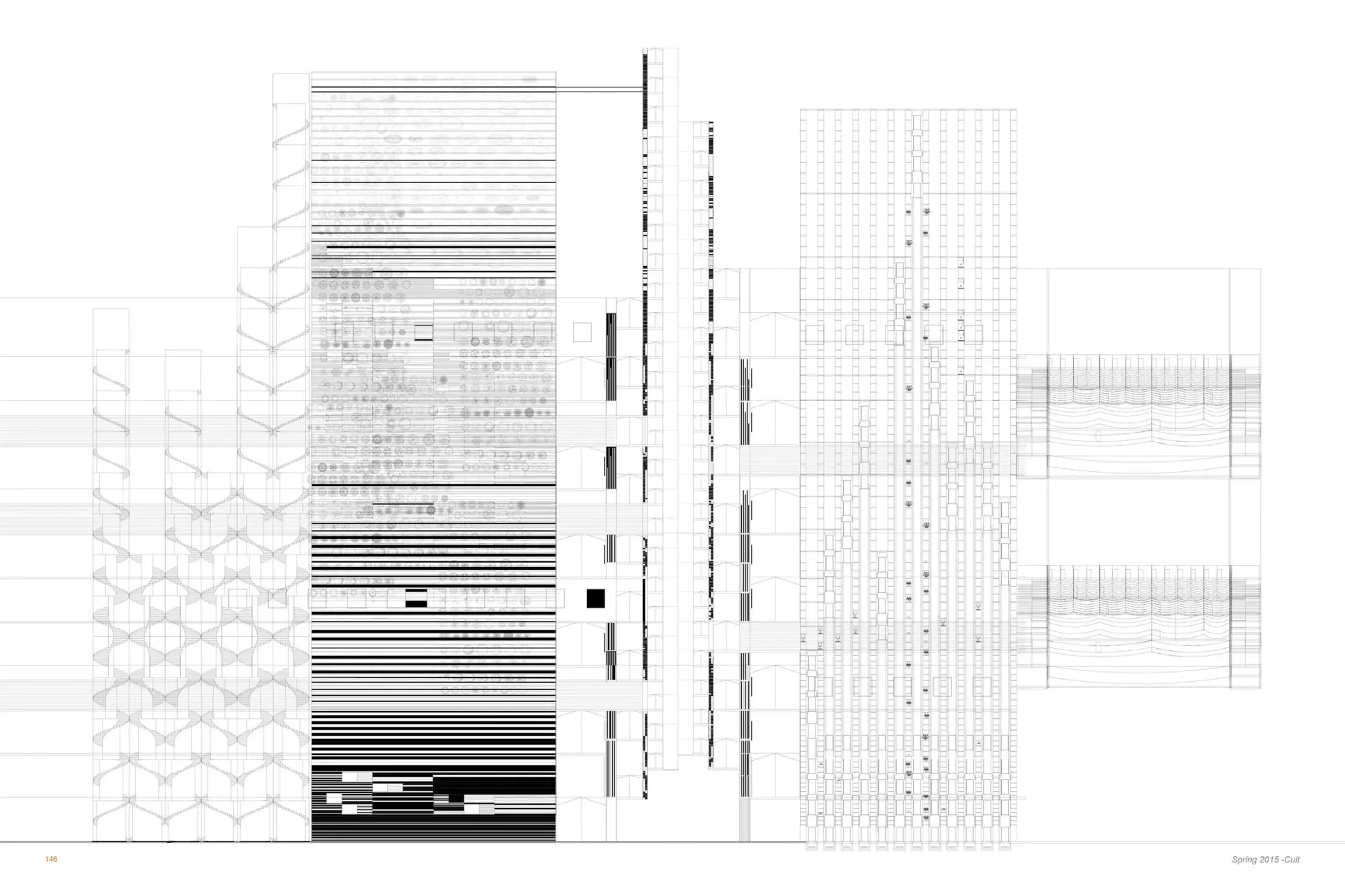 Architectural elevations and sections with technical line drawings, floor plans, and detail studies in black and white by Kamilla Csegzi.