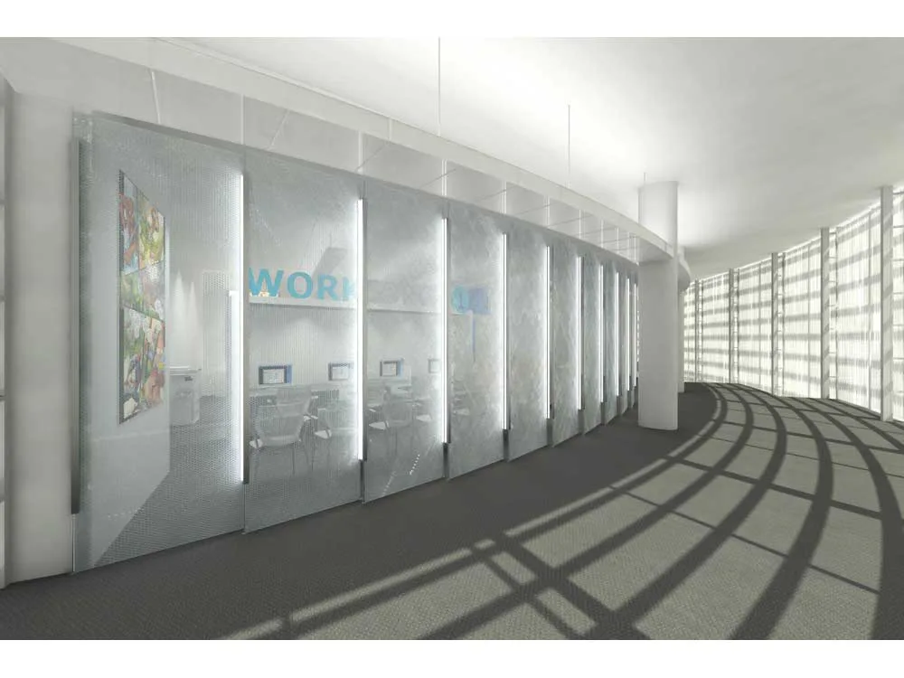 Modern office corridor with frosted glass partitions, minimalist white furnishings, and dramatic window shadows cast across dark flooring, designed by Karen Lee.
