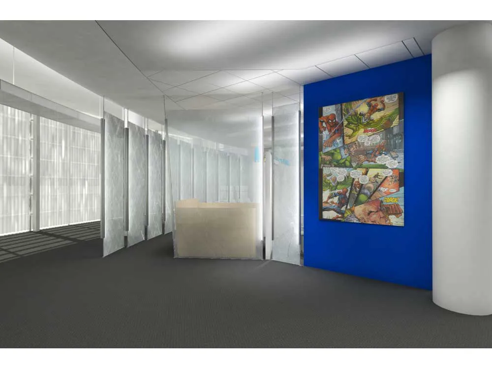 Modern office corridor with frosted glass partitions, curved white column, blue accent wall, and comic book artwork, designed by Karen Lee.