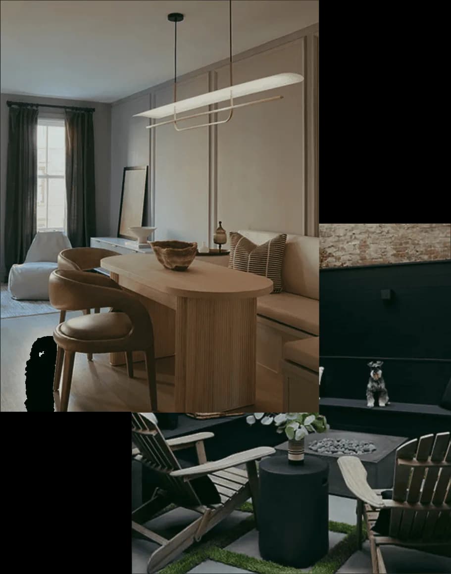 Two interior design concepts featuring modern furniture and neutral palettes: upper space with wooden oval table and pendant lighting by Karla Goran; lower outdoor lounge with dark seating and minimalist aesthetic by Karla Goran.