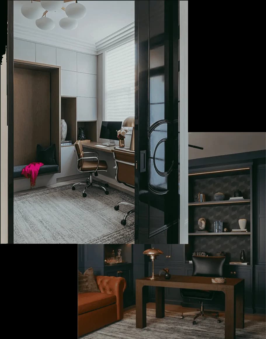 Modern home office with dark green walls, wood desk, leather chair, and built-in shelving, designed by Karla Goran.