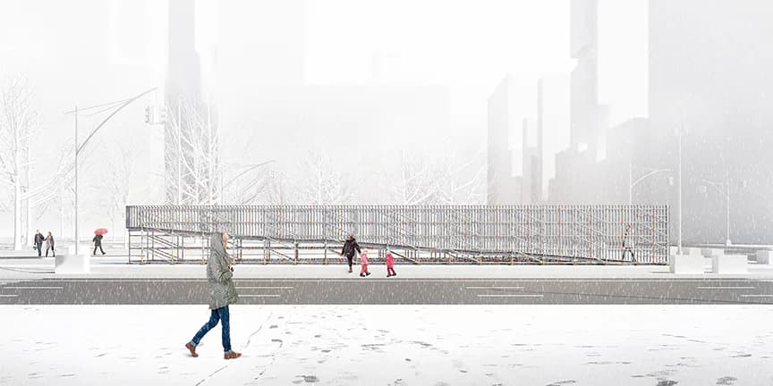 Minimalist urban plaza with snow-covered ground, metal mesh barriers, and ghosted figures in winter fog by Karolina Czeczek.