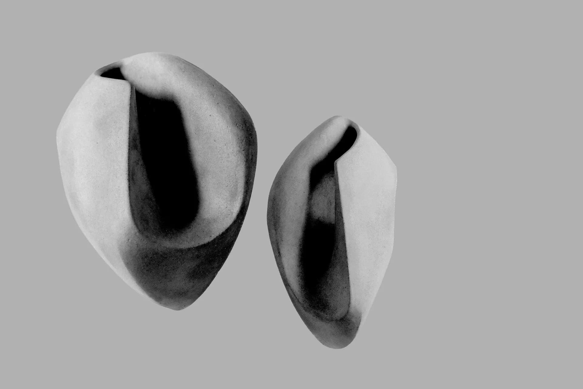 Two abstract organic sculptural forms with contrasting black and white surfaces, demonstrating fluid, biomorphic design by Kassandra Thatcher.