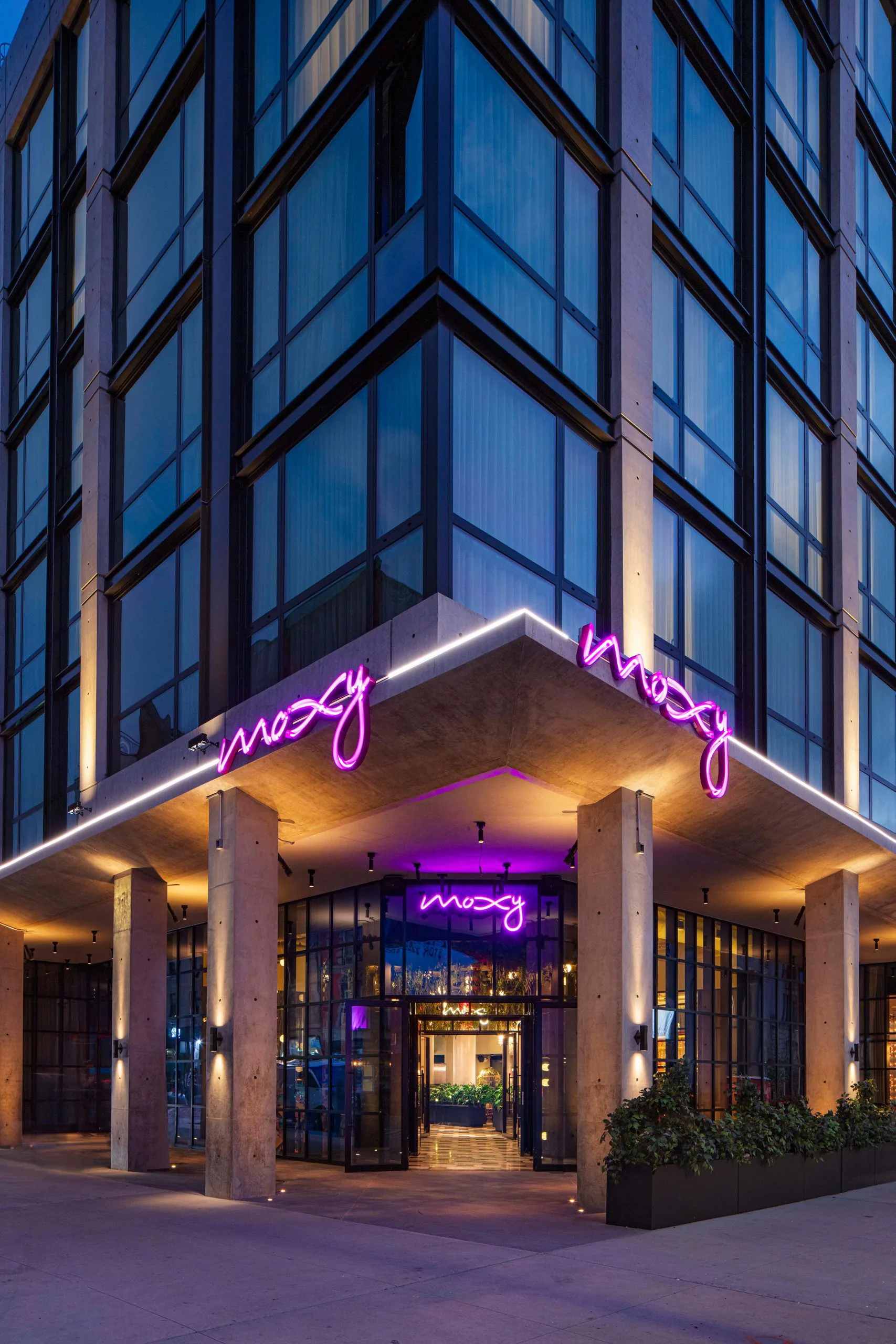 Modern hotel entrance with concrete canopy, purple neon signage, warm uplighting, and floor-to-ceiling glazed storefront by Katie Cole.