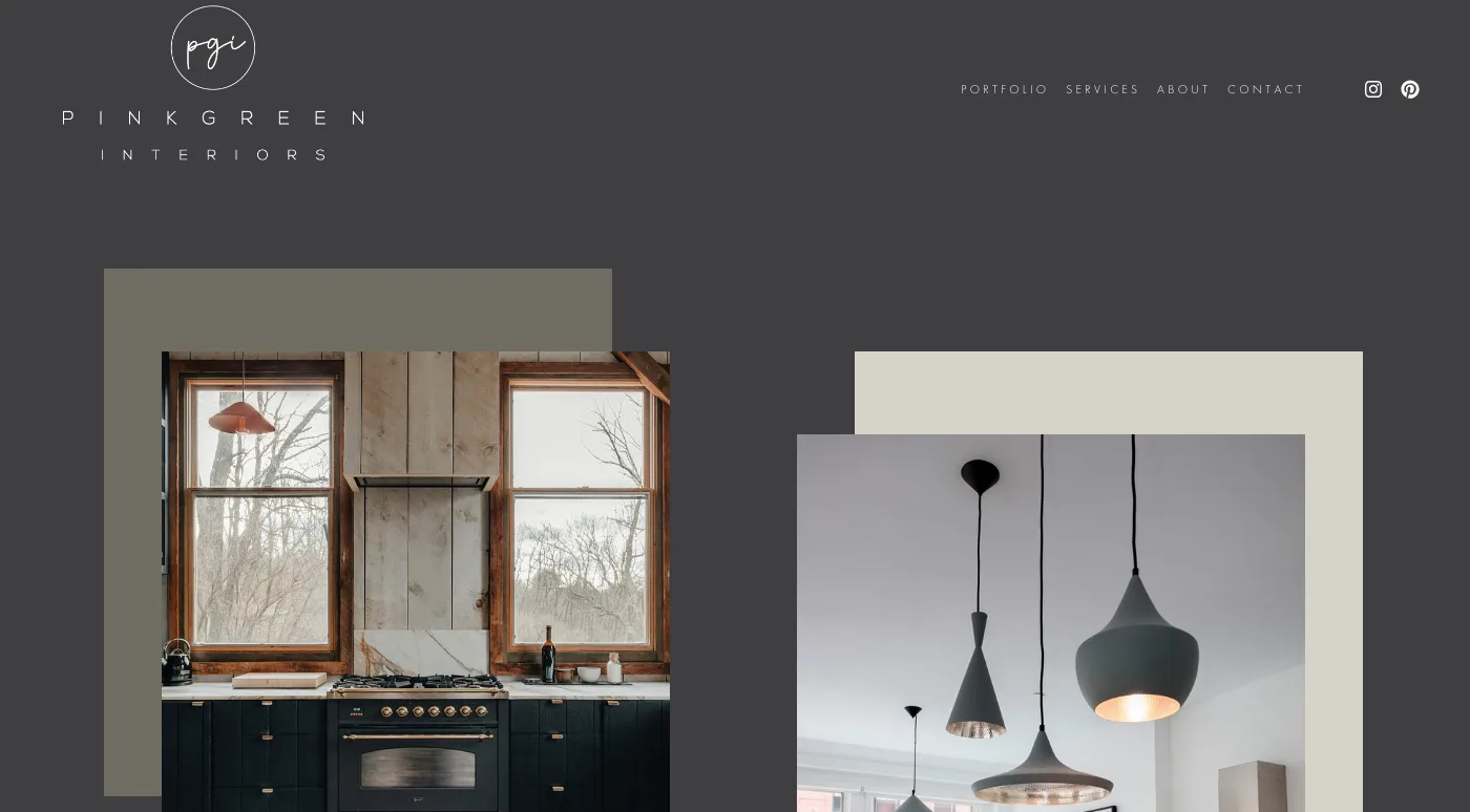 Kitchen and dining interior with wood-framed windows, dark cabinetry, pendant lighting, and minimalist Scandinavian aesthetic by Katie Hartell.
