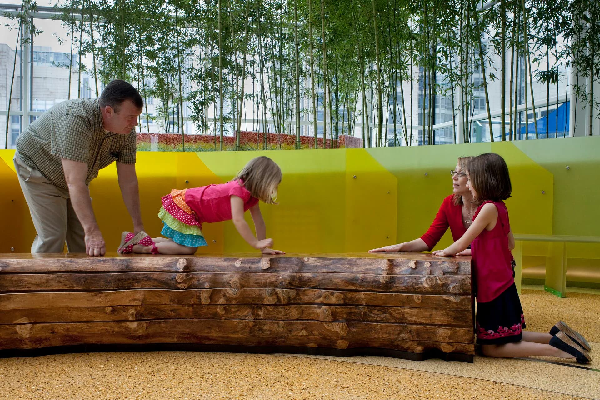 Outdoor playground with children playing on a wooden log structure, yellow safety barrier, and tree line backdrop by Kaylie Siwy.