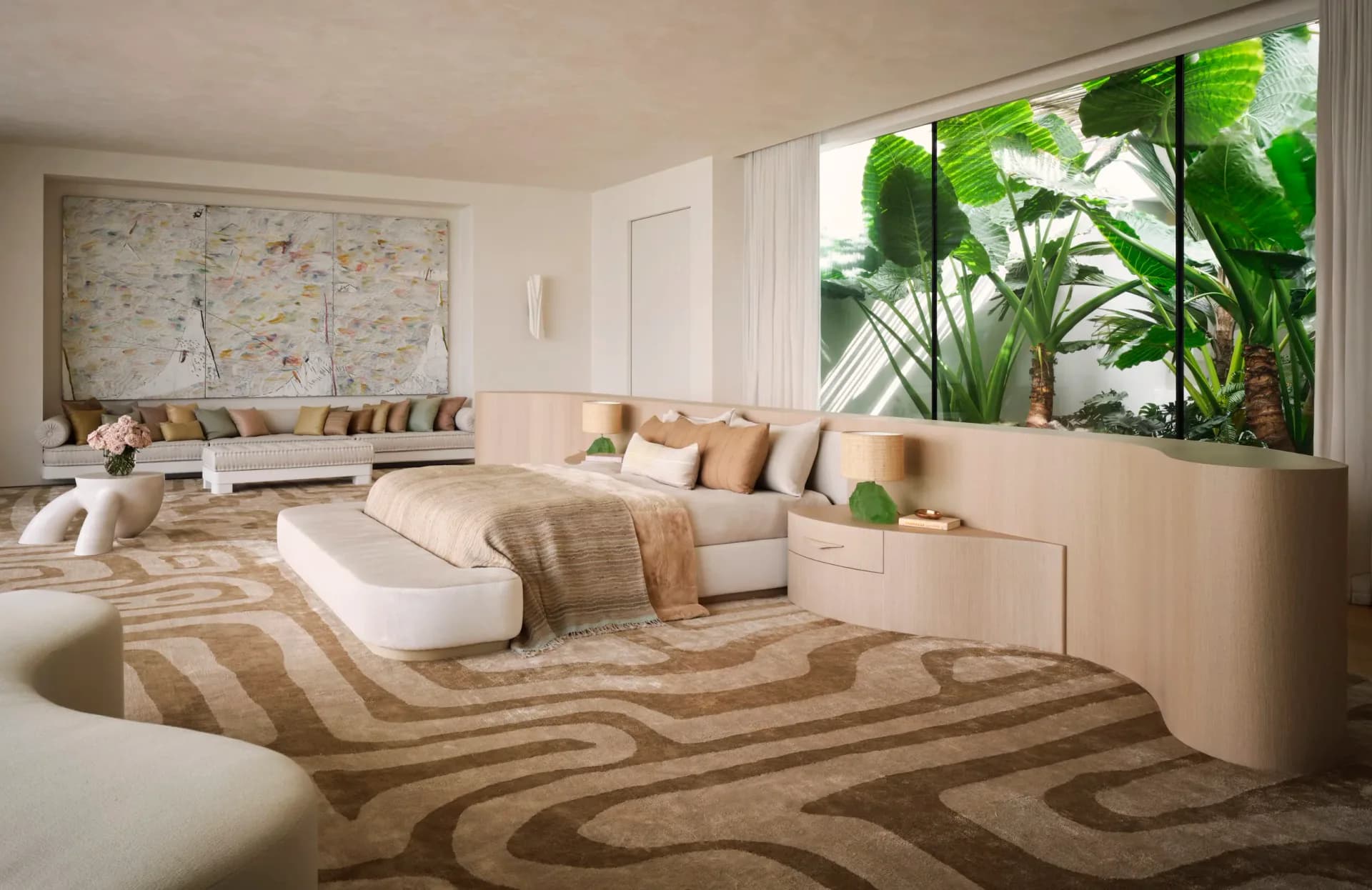 Luxurious living room with curved cream furniture, zebra-patterned area rug, and floor-to-ceiling tropical plant installation by Kelly Behun.