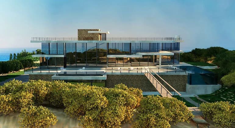 Architectural rendering of a contemporary waterfront building with glass facades, wooden elements, and surrounding wetland vegetation by Kelly Yu.
