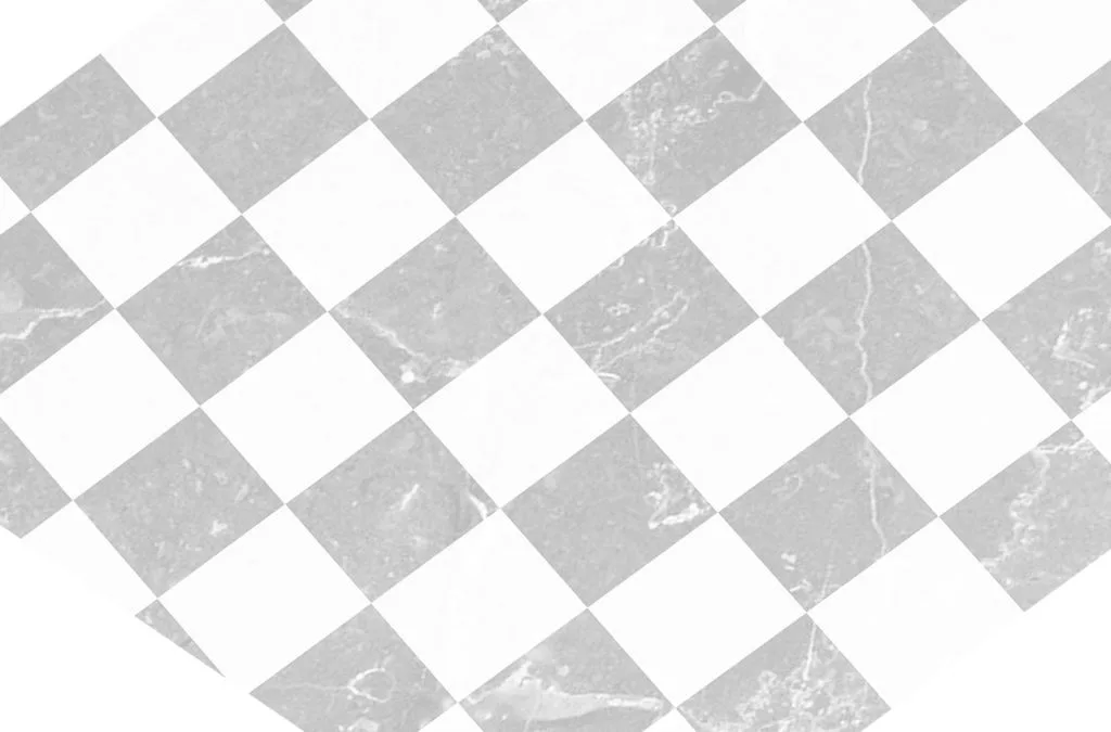 Diamond-patterned marble floor with alternating gray and white tiles arranged in a rotated square grid, design by Kim Radovich.