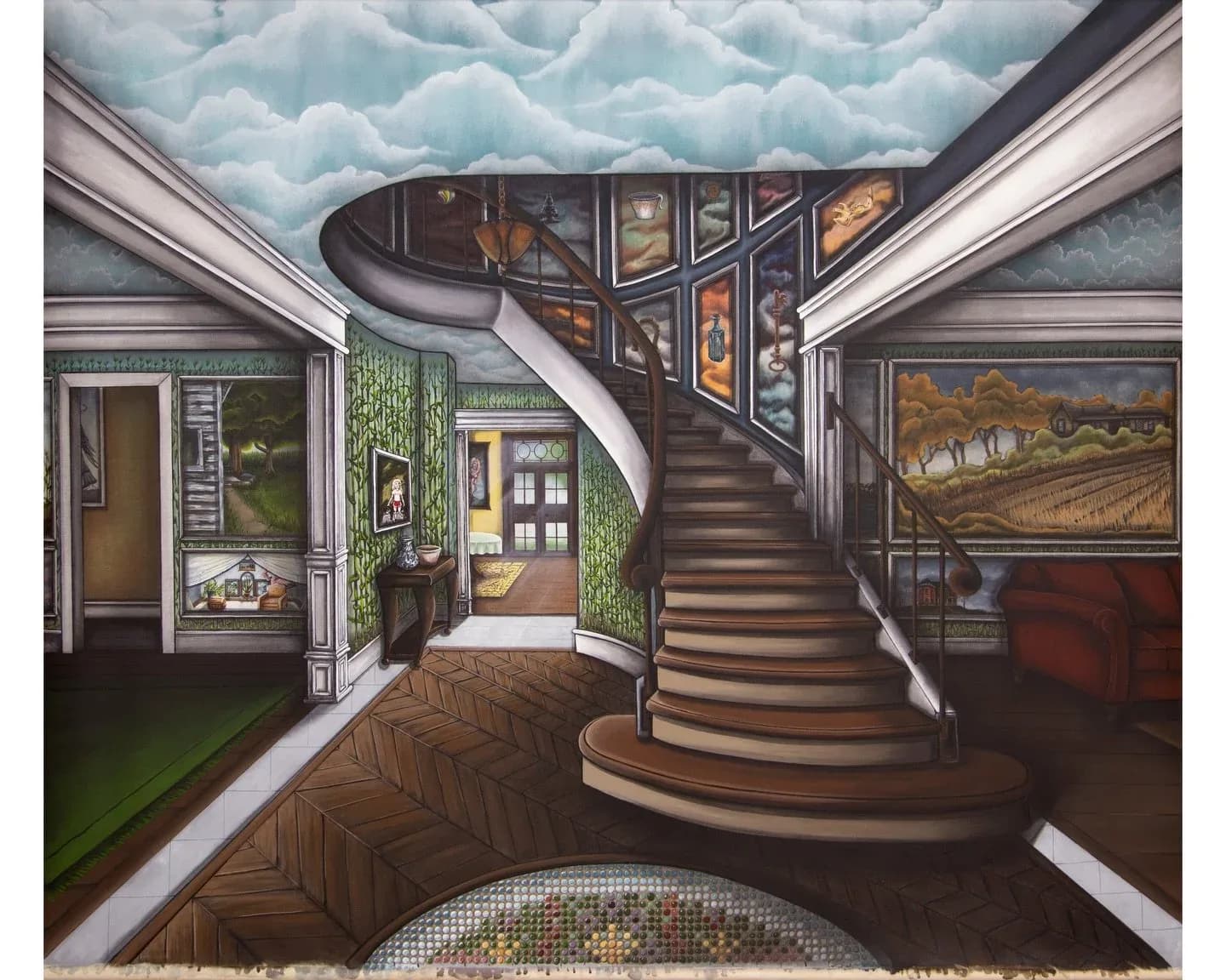 Surreal interior with spiral staircase, cloud ceiling, framed artwork, herringbone floors, and verdant side rooms by Laura Blaszczak.