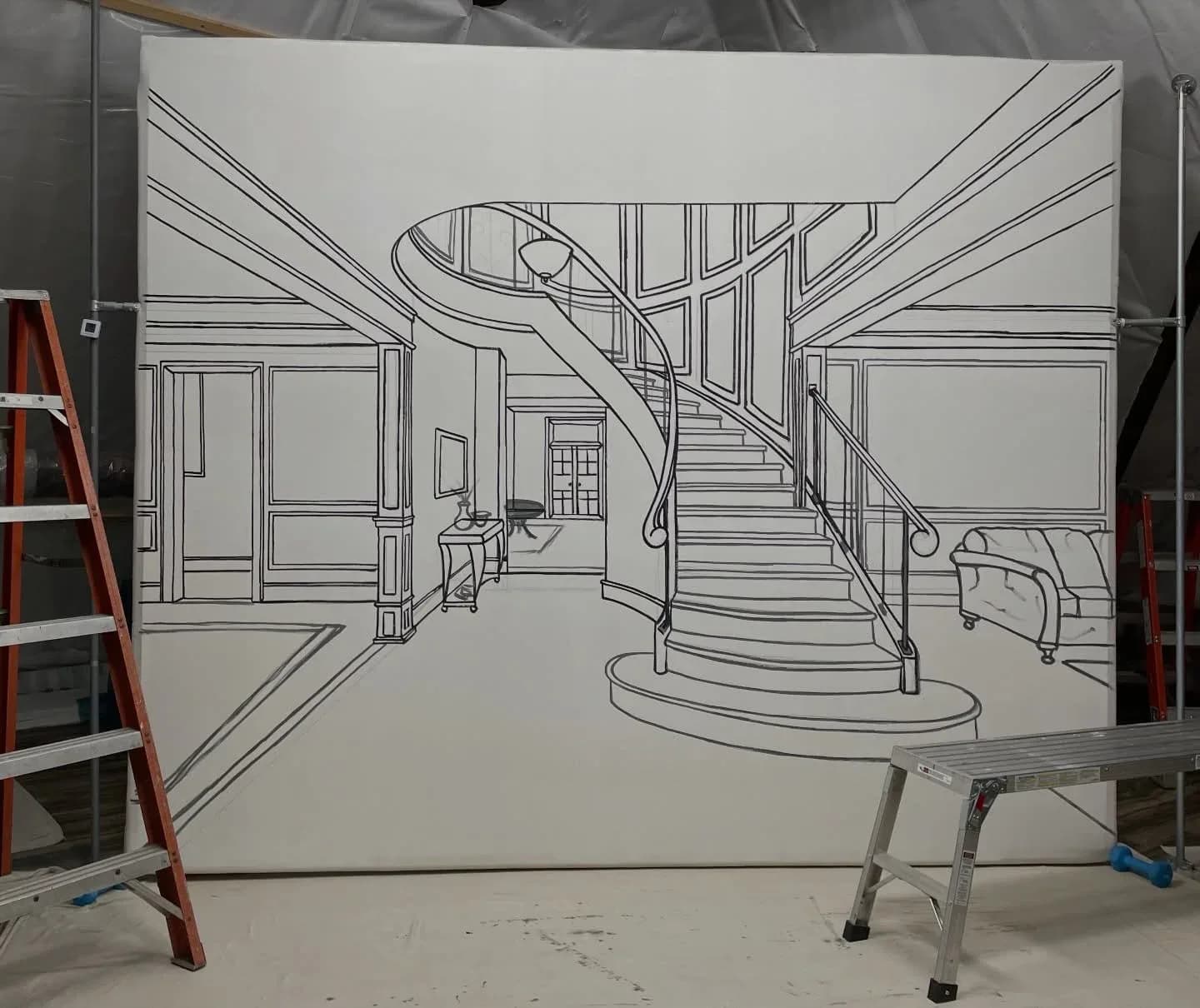 Architectural line drawing of a modern interior featuring a curved staircase, open floor plan with columns, and geometric ceiling details by Laura Blaszczak.