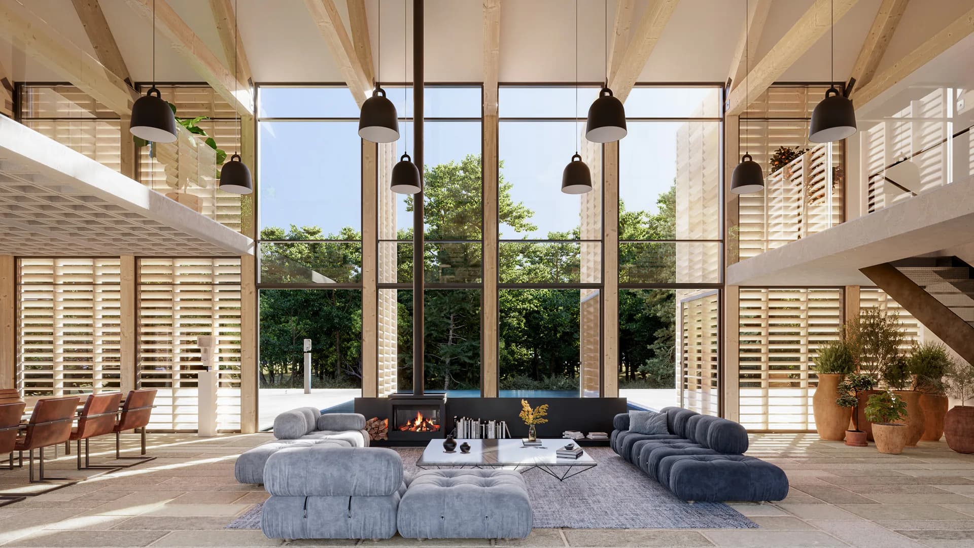Modern double-height living space with floor-to-ceiling windows, sculptural blue seating elements, pendant lighting, and lush greenery visible outside by Leo Sguera.