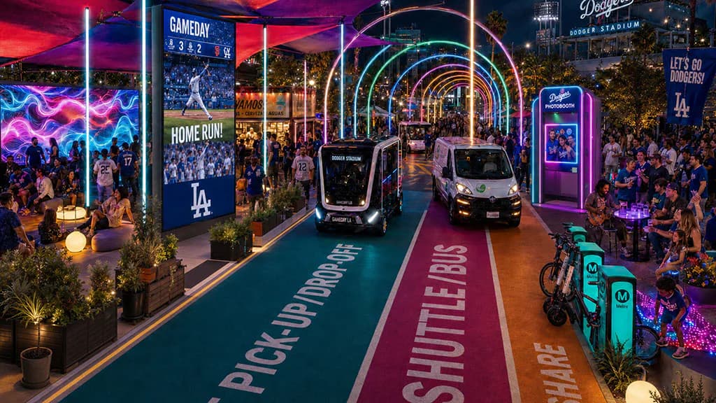 Vibrant neon-lit experiential installation with glowing arches, colorful floor graphics, and themed entertainment zones creating an immersive nighttime environment by Leonardo Caion-Demaestri.