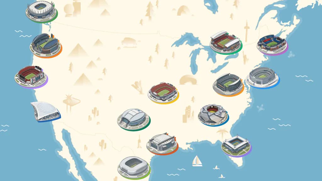 Isometric map of the United States dotted with stadium illustrations in a stylized, minimalist design by Leonardo Caion-Demaestri.