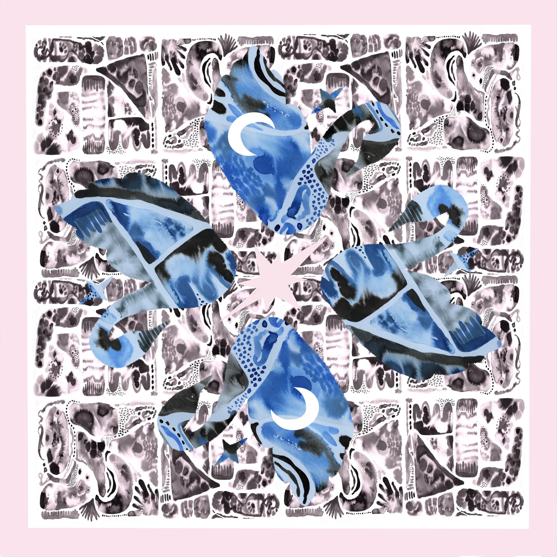 Abstract collage artwork featuring blue translucent fish and organic forms layered over black and white patterned background by Lilly Roskopf.
