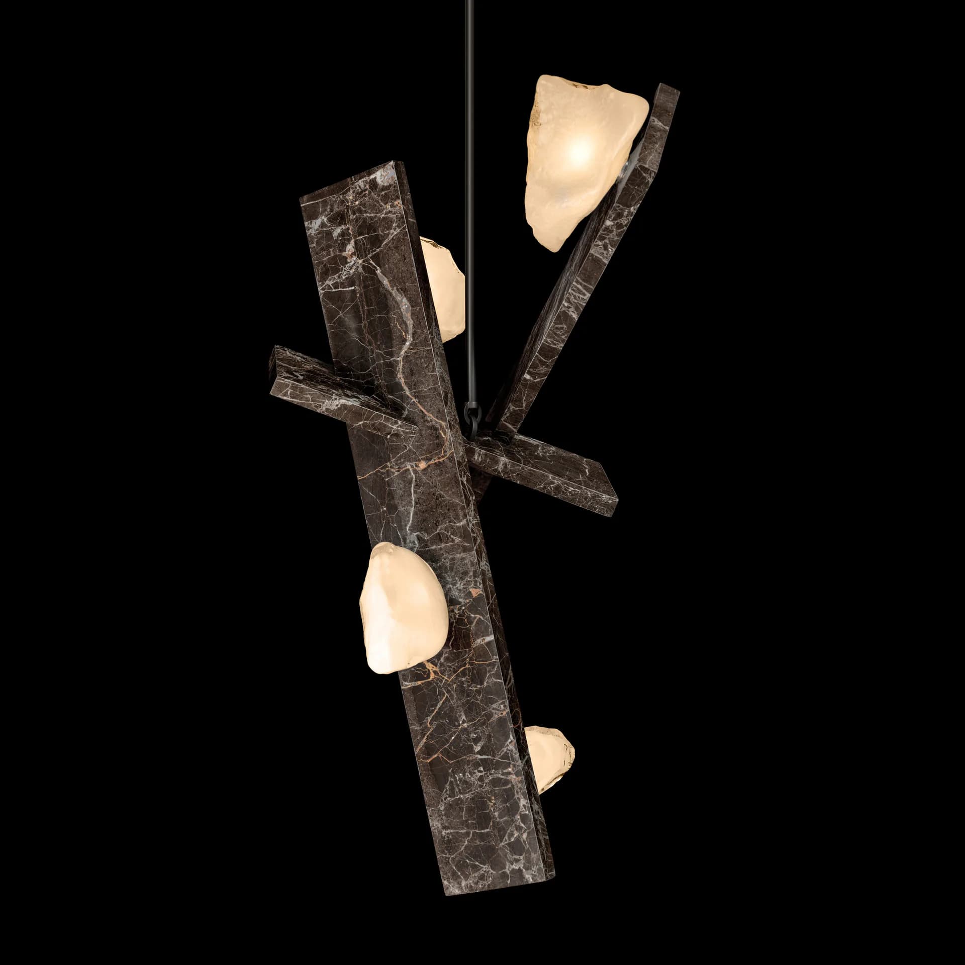 Modern sculptural pendant fixture with dark textured metal frame and cream-colored frosted glass elements suspended against black background by Lindsey Adelman.