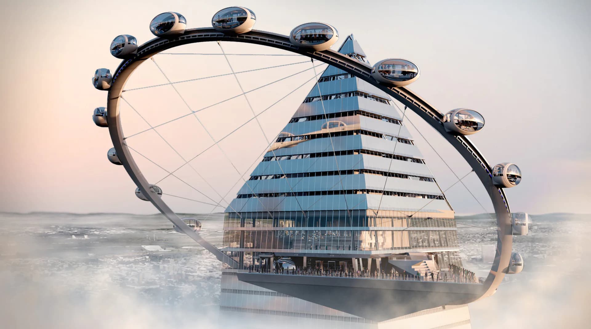 Conceptual architectural rendering merging the London Eye observation wheel with a spiraling skyscraper tower in misty atmospheric conditions by Lionel Ohayon.