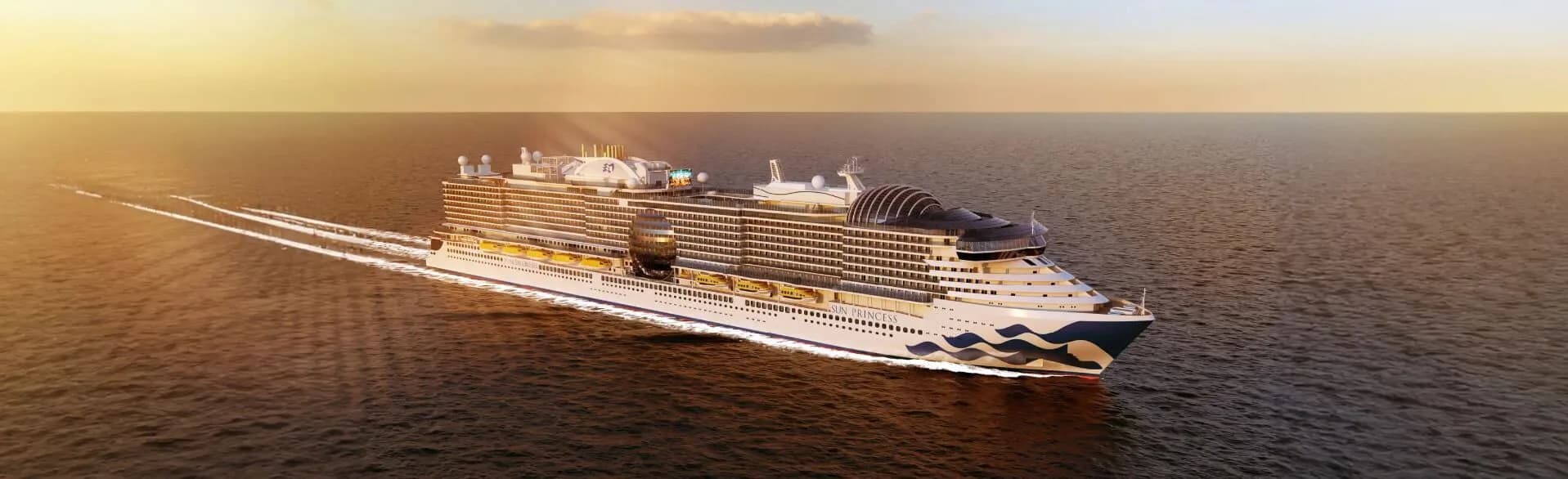 Aerial view of a massive cruise ship at sea during golden hour, featuring multiple decks and a sleek modern design by Lionel Ohayon.