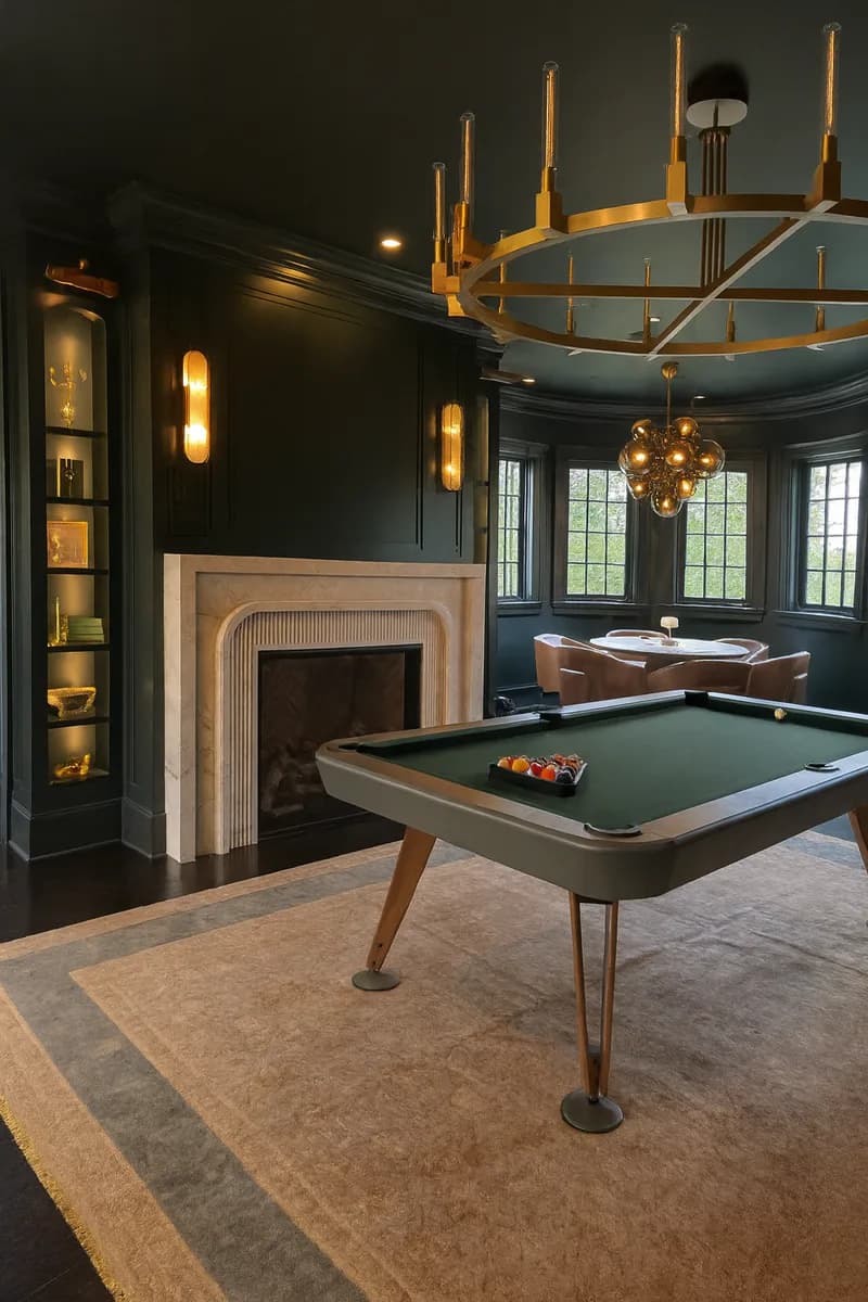 Luxurious game room featuring a pool table, fireplace with light wood surround, dark walls, brass chandelier, and built-in shelving by Lisa Spicer.