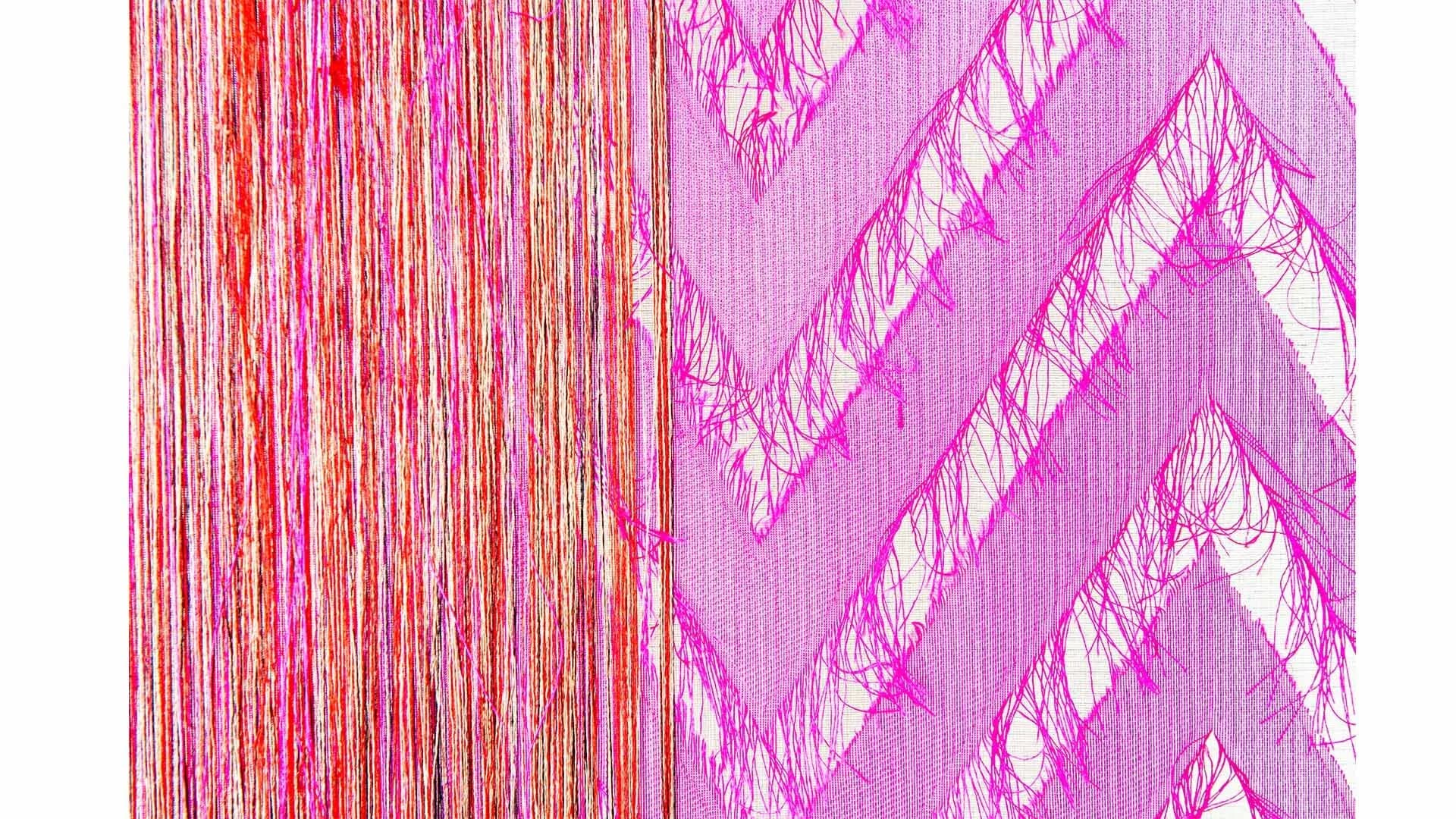 Vibrant textile design featuring bold pink and magenta stripes with geometric diamond patterns in contrasting colors by Liz Collins.