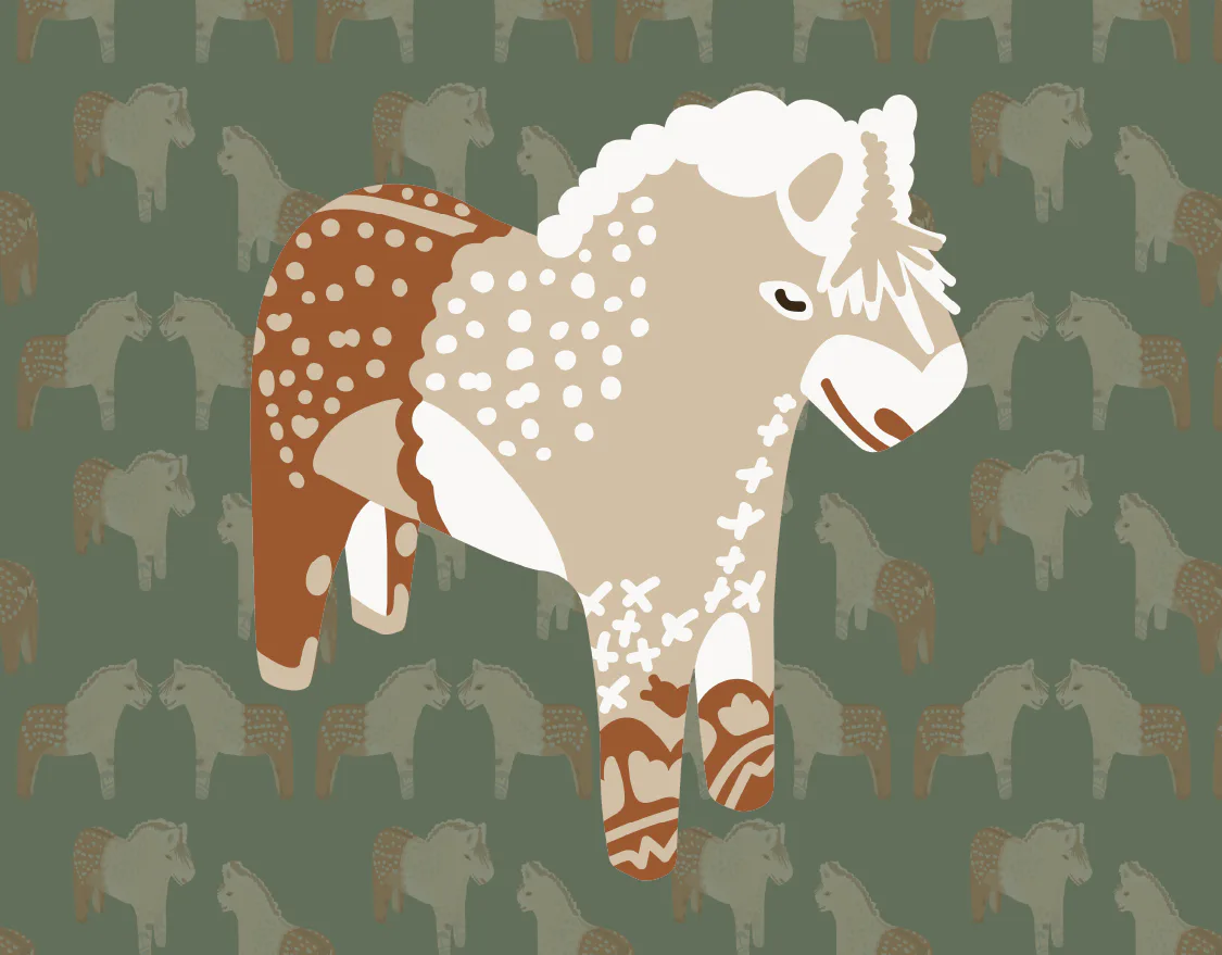 Stylized illustration of a cream and brown goat with white polka dots and fluffy wool, standing against a green background with repeated goat silhouettes by Lucy Wang.