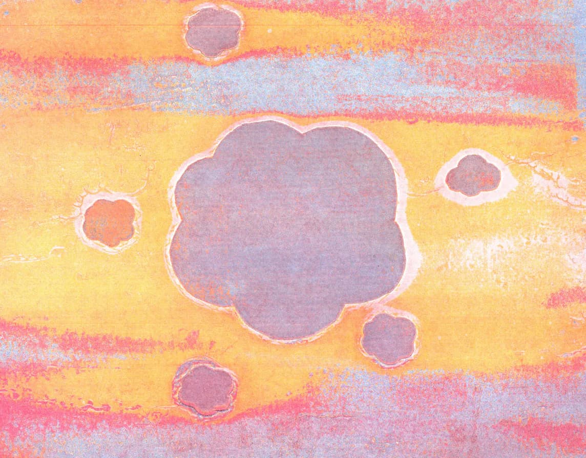 Abstract watercolor illustration featuring soft pastel clouds with white outlines floating against a warm yellow and pink gradient sky by Lucy Wang.