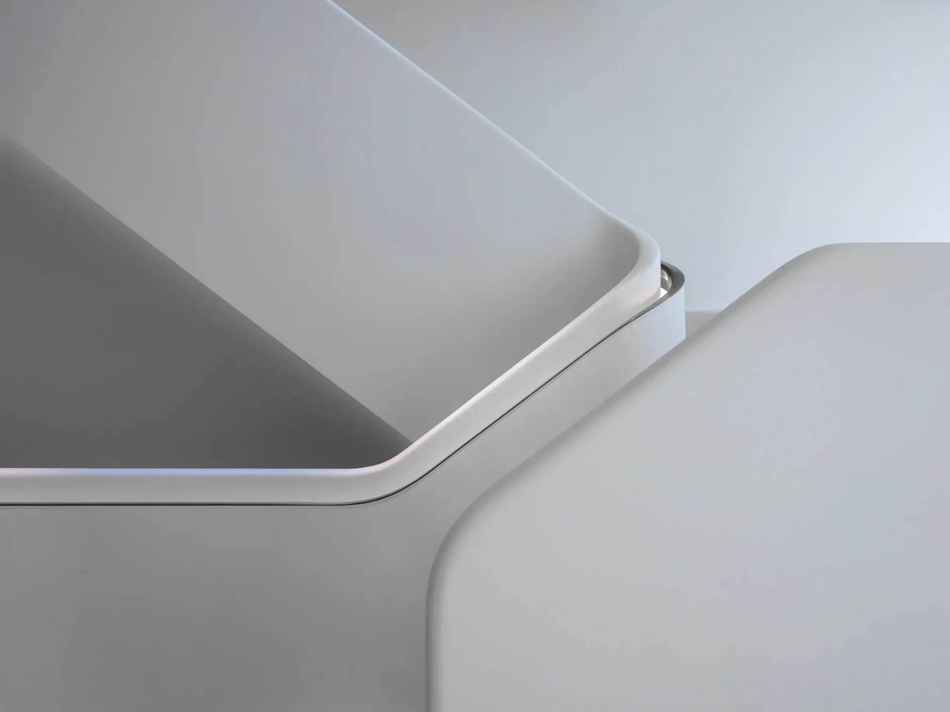 Minimalist white interior corner detail with curved architectural elements and subtle shadow play, by Khanh Luu.