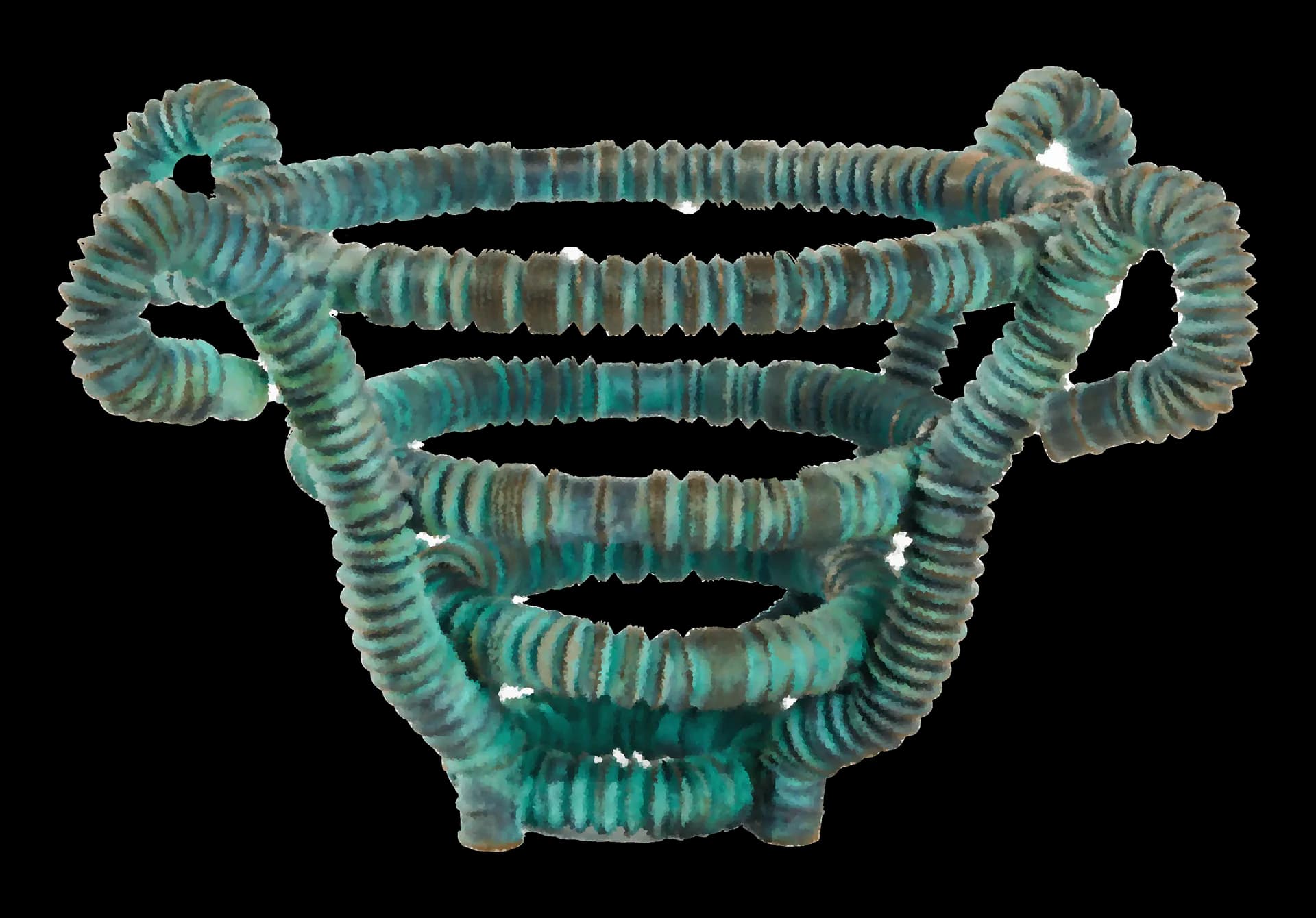 Sculptural jewelry or decorative object made of stacked turquoise and bronze ceramic or metal rings arranged in a vessel-like form with curved handles by Madeline Isakson.