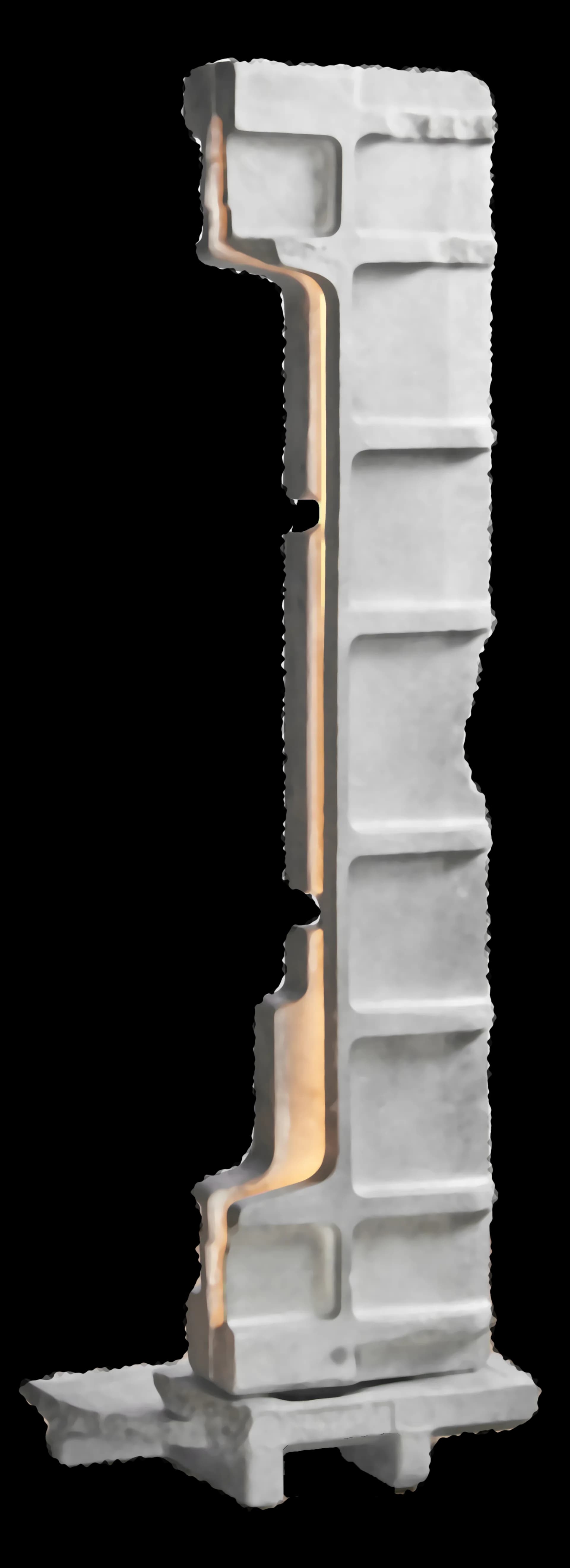 Tall vertical architectural element with stacked white geometric forms and copper/bronze metallic striping running down the side, rendered with soft lighting and subtle shadows by Madeline Isakson.